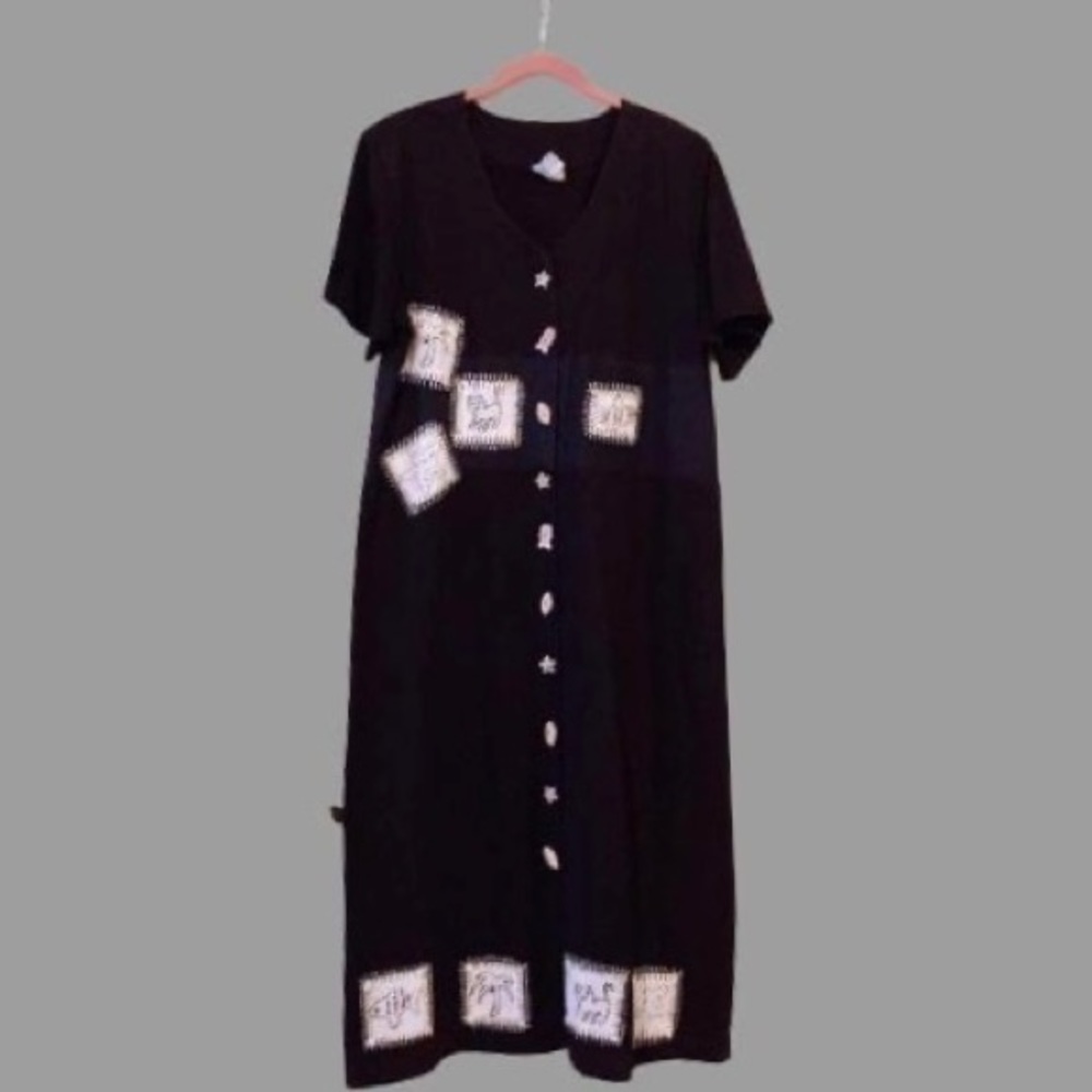 Cat Art Patchwork Vacation Maxi Button Down Cotto… - image 2